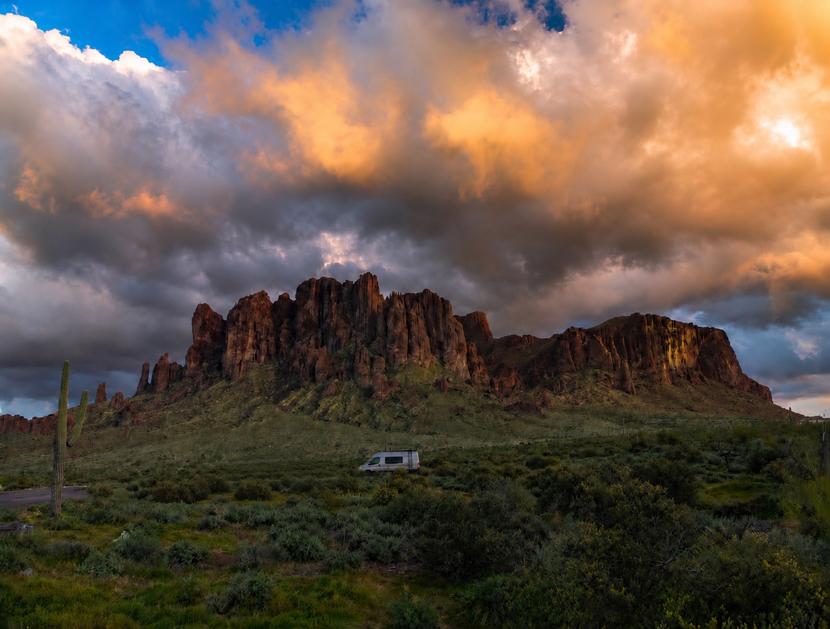 dessert sunset with camper van 