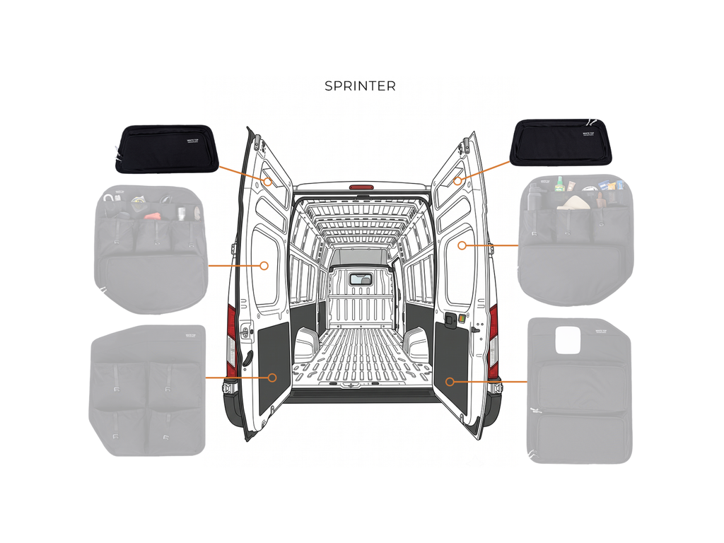 A product layout diagram of a sprinter cargo van interior with the rear doors open, showing six gray van door storage pouches.